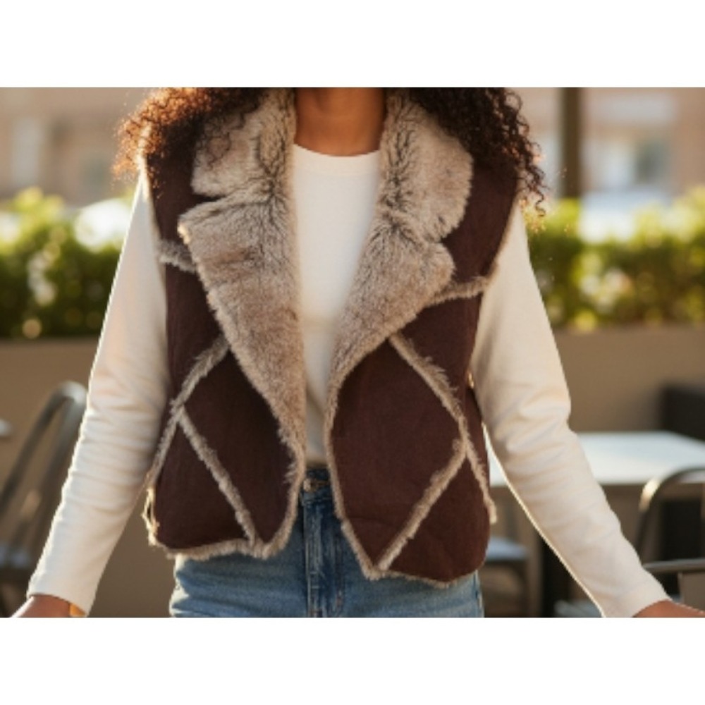 Vintage Faux Suede Fur Vest Brown Women's Size Medium Faded Glory‎
